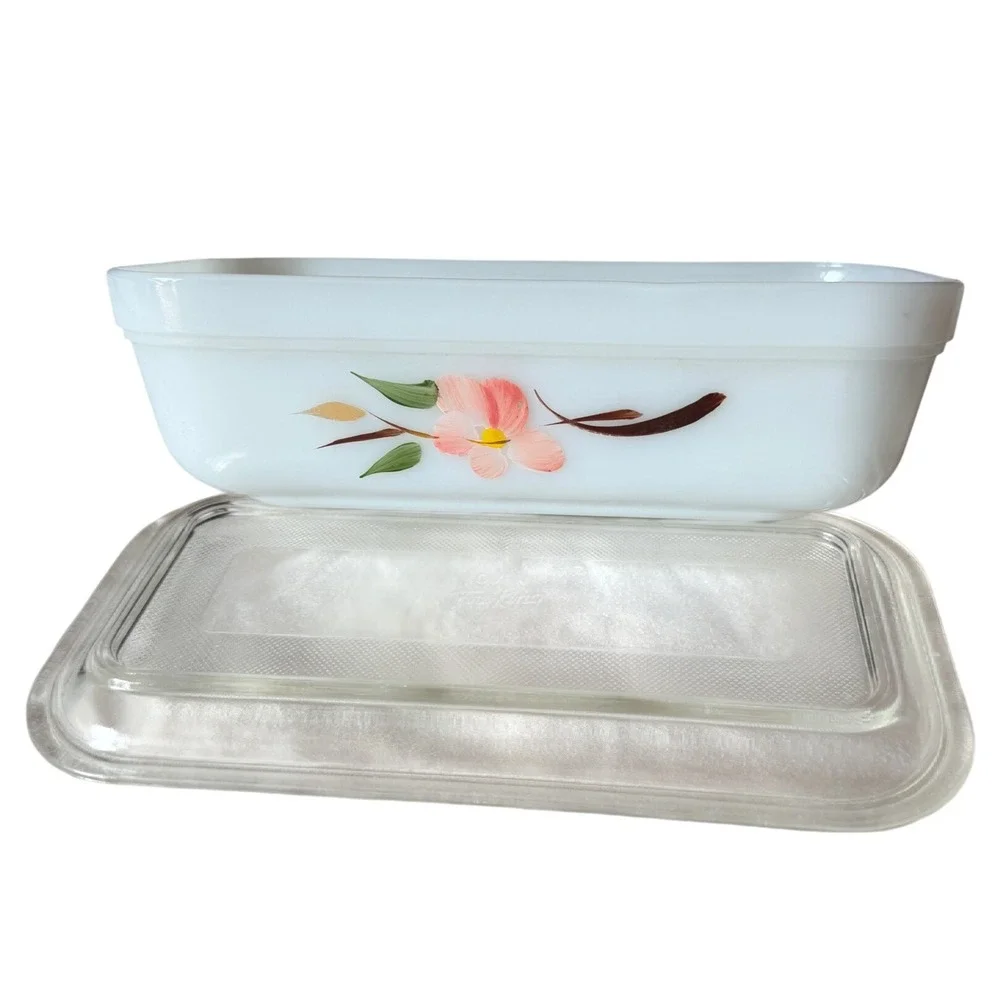 Vintage Fire-King Peach Blossom Milk Glass Refrigerator Dish with Clear Lid!